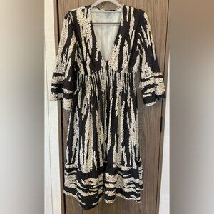 Composition Womens 3/4 Sleeve Elastic Waist Black & White V Neck Dress Size L
